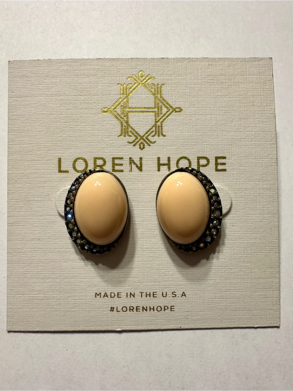 Loren Hope Cream Oval Cabochon Earrings with Black Rhinestone Halo